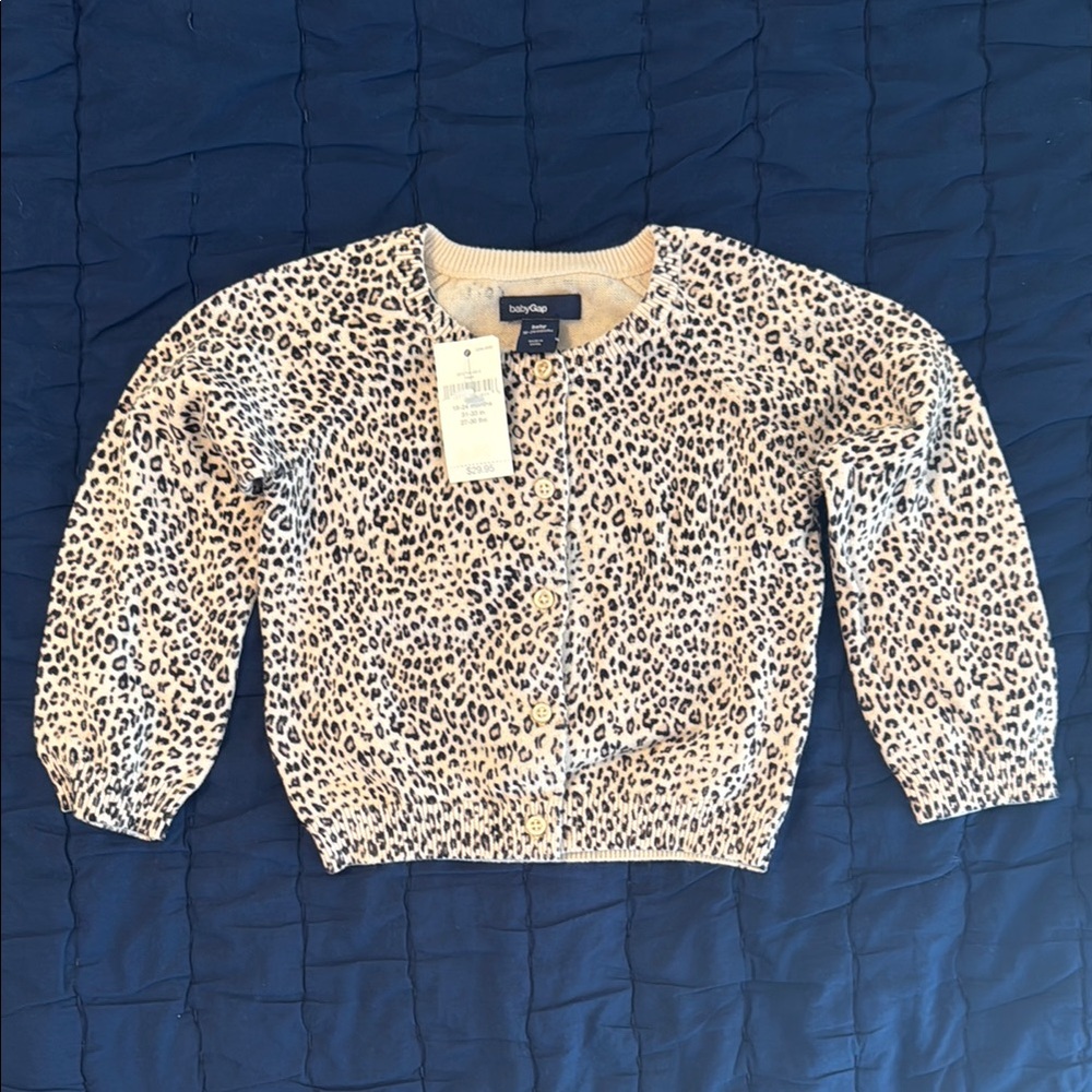 Baby GAP Cream and Black Cardigan Sweater with Leopard Print